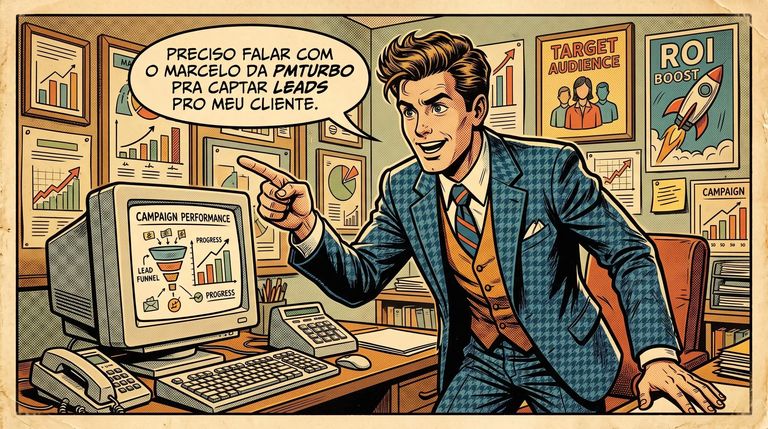 Gestor de agência em uma sala cheia de gráficos de campanha aponta para o monitor e diz "Preciso falar com o Marcelo da PMTurbo pra captar leads pro meu cliente".