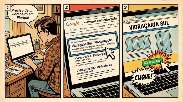 Tirinha em três quadros explicando como o SEO funciona: o cliente busca "vidraçaria em Florianópolis" no Google, encontra a Vidraçaria Sul no primeiro resultado e clica no botão de WhatsApp do site.